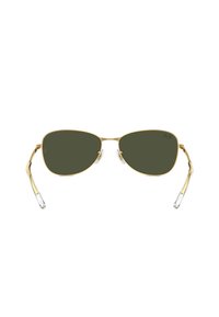 Occhiali da sole aviator in metallo dorato con lenti verdi, dotati di terminali auricolari in plastica trasparente e un design elegante e minimalista.