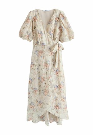 Beige slå-om-kjole med puffede ærmer, blomsterprint i lyserød og blå, V-hals og bindebånd ved taljen.