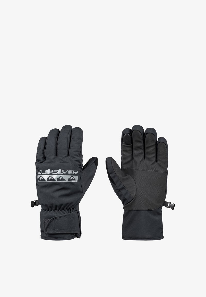 Black gloves made of textured fabric with a thumb and four-finger design. Features a logo and adjustable wrist closure.