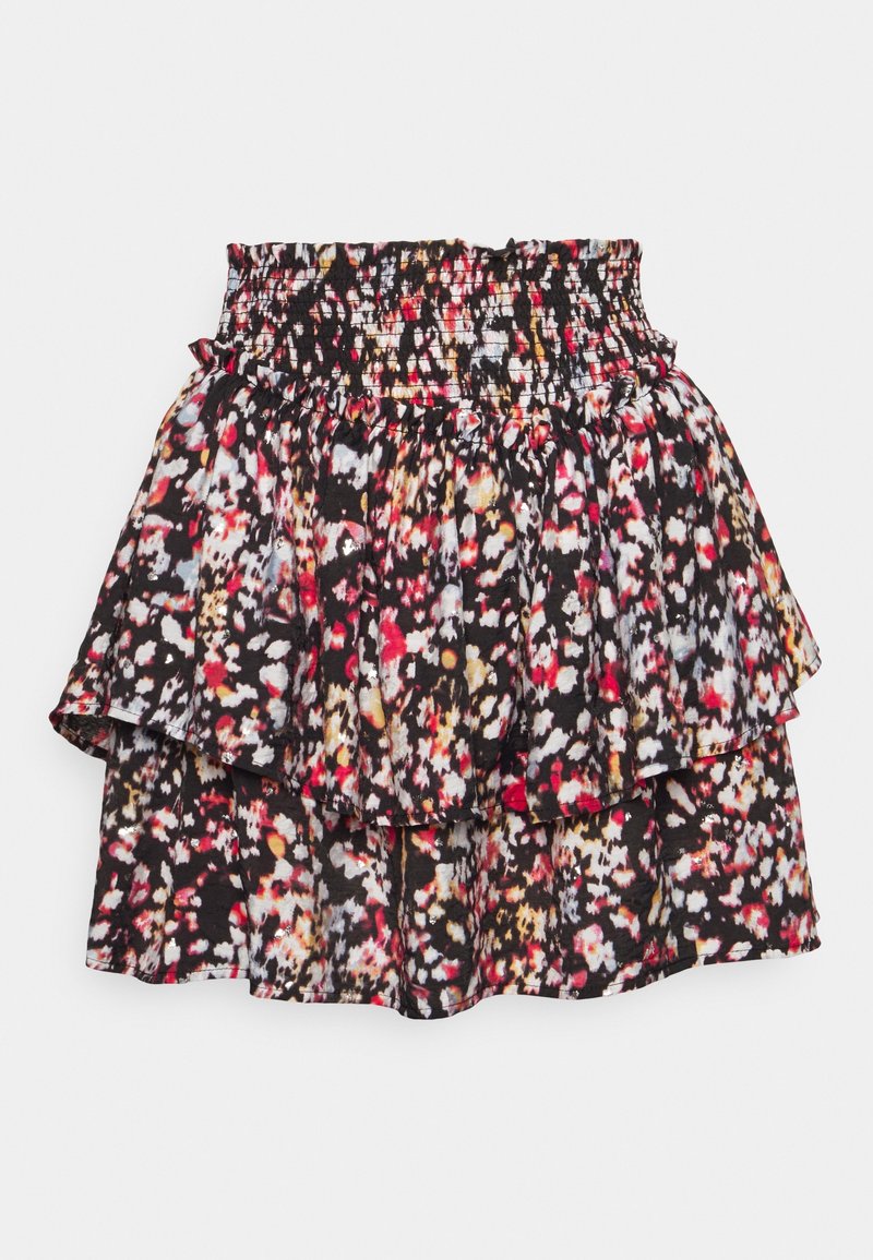 Mini-jupe avec taille smockée, volants superposés et motif floral abstrait en noir, rouge, blanc et beige.