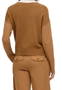 Femme portant un pull en maille bicolore brun et un pantalon brun clair avec des poches arrière boutonnées, vue de dos.