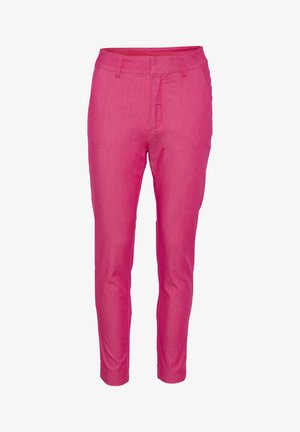 Feszes, sima textúrájú rózsaszín anyagból készült nadrág, lapos elejével, övhurkokkal és csonkított, bokáig érő fazonnal.