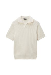 Polo shirt crème à manches courtes en tissu maillé côtelé, avec un col doux et un décolleté en V pour un ajustement décontracté.