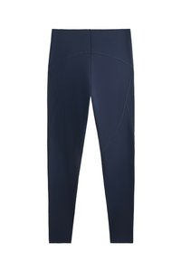 Leggings bleumarin fabricate dintr-un material neted și elastic. Prezintă un design care se potrivește bine pe corp, cu accente de cusături curbe și un brâu lat.
