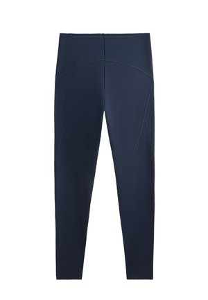 Leggings blu navy realizzati in un tessuto liscio ed elastico. Presentano un design aderente con dettagli a cucitura curva e una cintura larga.