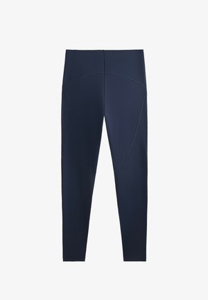 Leggings blu navy realizzati in un tessuto liscio ed elastico. Presentano un design aderente con dettagli a cucitura curva e una cintura larga.