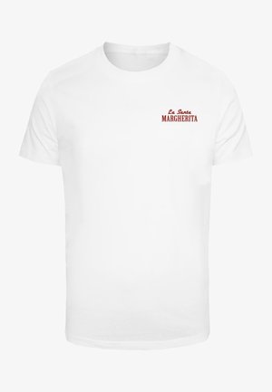 Hvid bomulds t-shirt med rund hals og korte ærmer, med rød tekst der læser "La Santa Margherita" på venstre brystområde.