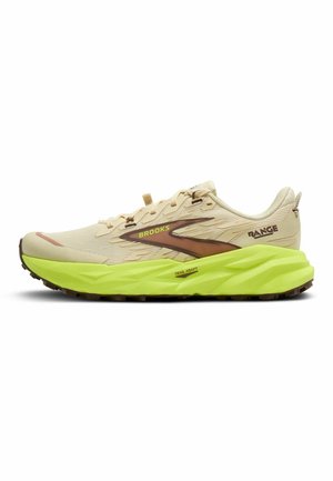 Beige og brun Brooks Range trail løbesko med lyse neon-grønne polstrede såler og mørk gummiydersål.