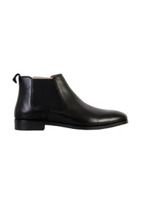 Botín Chelsea de cuero negro con un acabado suave, paneles laterales elásticos y una tira en el talón. Presenta un tacón bajo y una punta redondeada.