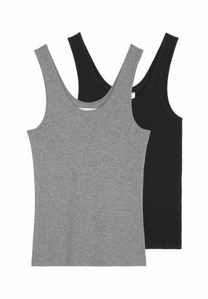 Gray and black tank tops, cotton material, sleeveless design, scoop neck, smooth texture, minimalist style, stacked overlapping each other.