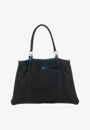 Borsa a mano in pelle nera con due manici, cuciture turchesi e un piccolo logo "Gab" turchese al centro anteriore.