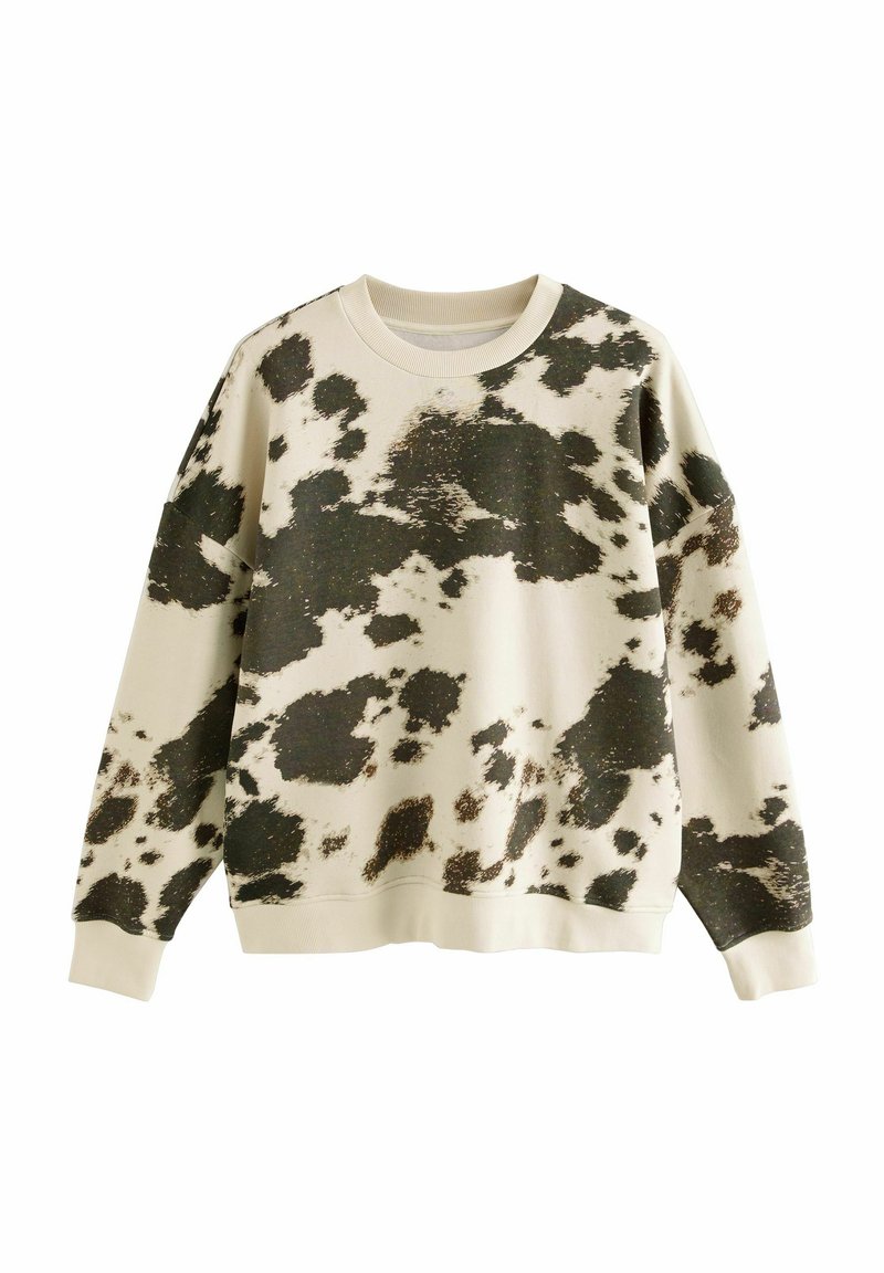 Katoenen sweatshirt met een beige basis en zwarte abstracte vlekken, voorzien van een ronde hals, lange mouwen en ribgebreide boorden en onderkant.