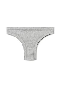 Szare bawełniane majtki typu thong o gładkiej fakturze, charakteryzujące się bezszwowym wzornictwem i wąskim paskiem w talii dla minimalnego zakrycia.