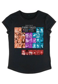 Camiseta negra con un gráfico de "Tabla Periódica de Cuentos de Hadas". Cada celda muestra personajes en varios colores: rosa, naranja, azul y púrpura.