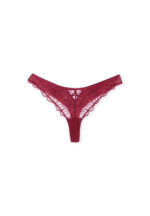Burgundy lace thong underwear with floral embroidery and scalloped edges on white background.