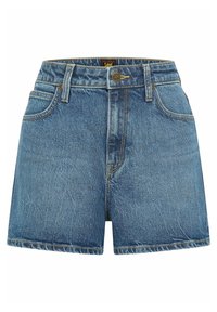 Shorts de denim en azul medio con un corte clásico, cinco bolsillos y costuras a contraste; cuenta con un botón metálico de la marca en la cintura.