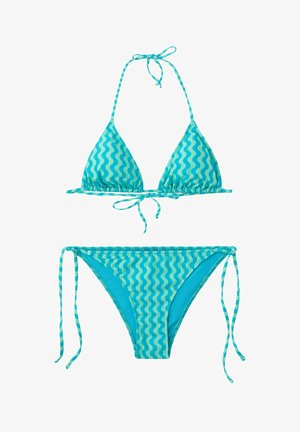 Bikini azul con rayas onduladas en azul claro, parte superior de cuello halter con atadura y parte inferior con lazada lateral sobre fondo blanco.