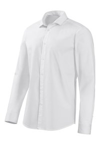 White long-sleeve shirt made of cotton. Features a pointed collar, front button closure, and rounded hem. Smooth texture and fitted shape.