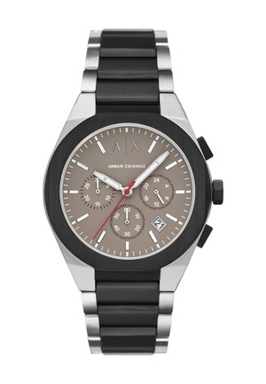 Herren-Armani-Exchange-Armbanduhr mit schwarz-silbernem Metallband, grauem Zifferblatt, weißen Stundenmarkierungen, drei Hilfszifferblättern, roter Sekundenzeiger und Datumsanzeige.