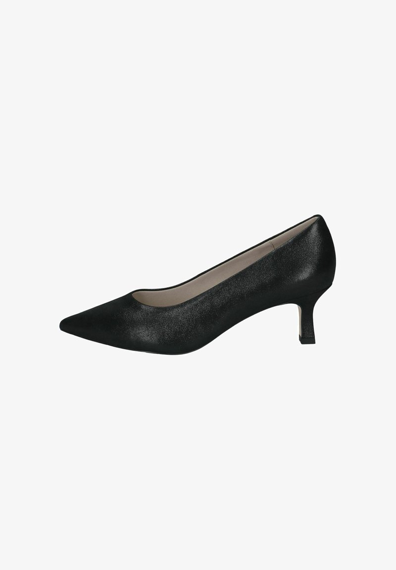 Escarpin noir pour femme à bout pointu avec petit talon kitten et matière supérieure lisse, présenté en vue latérale sur fond blanc.
