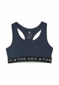 Sutien sportiv bleumarin cu un design tip racerback; prezintă o bandă neagră cu text alb care spune "THE NEW". Fabricat dintr-un material moale și elastic.