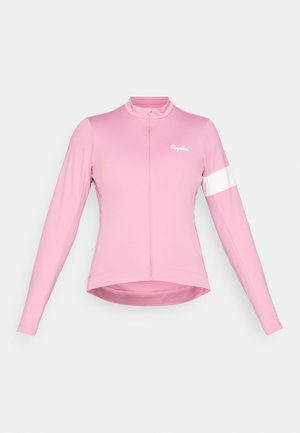 Rosa långärmad cykeltröja med hög krage, framdragkedja och vitt accentband på vänster ärm. Logotyp på vänster bröst.