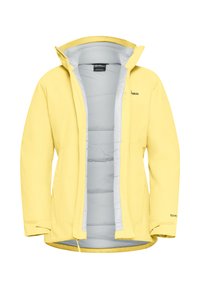 Veste imperméable jaune avec un intérieur gris, fermeture éclair sur toute la longueur, capuche réglable et poignets élastiques ; arbore un logo en texte en haut à droite.