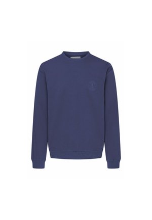 Granatowy sweter z okrągłym dekoltem, długimi rękawami, ściągaczami przy mankietach i u dołu, z delikatnym logo na piersi. Miękka tkanina z mieszanki bawełny.