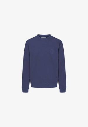 Granatowy sweter z okrągłym dekoltem, długimi rękawami, ściągaczami przy mankietach i u dołu, z delikatnym logo na piersi. Miękka tkanina z mieszanki bawełny.