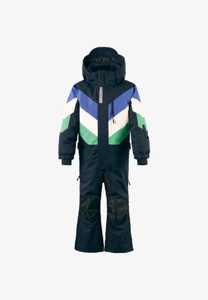 Kinderskianzug mit navyblauem Grundton und grünen, blauen und weißen Chevronmustern, einem hohen Kragen, abnehmbarer Kapuze und Reißverschlusstaschen.