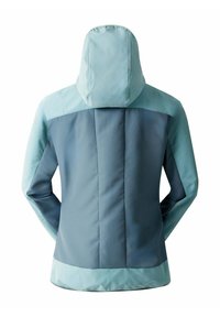 Kapuzenjacket in hellblauen und dunkelblauen Tönen, mit einem strukturierten Design, Abnähern und einem glatten Finish. Verstellbare Kapuze und Rückendetails sind sichtbar.