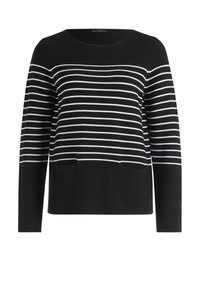 Gestreifter Pullover in Schwarz und Weiß mit Rundhalsausschnitt, langen Ärmeln und vorderen Taschen. Glattes Material mit lockerer Passform.