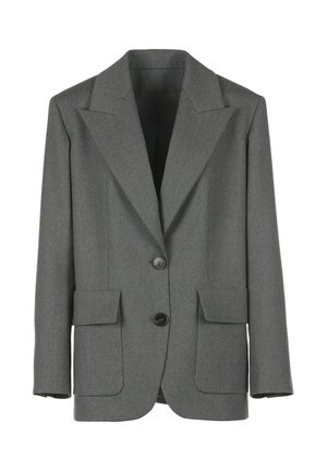 Grey tailored blazer with wide lapels, two front flap pockets, two black buttons, and long sleeves.