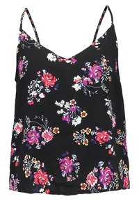 Top negro sin mangas con tirantes finos, con un estampado floral en rojo, rosa, blanco y azul. Diseño de escote en V, tela suave y corte holgado.