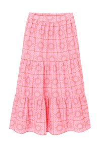 Jupe rose à volants avec des motifs de soleil orange disposés en grilles carrées et une taille élastique, présentant un ourlet froncé pour plus de volume.