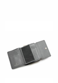 Grauer Leder Geldbeutel mit strukturiertem Finish, ausgestattet mit mehreren Kartenfächern und einem zentralen Fach. Mit Reißverschluss und Druckknopf-Detail.