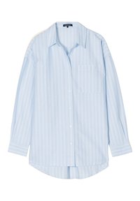 Camicia azzurro chiaro a maniche lunghe realizzata in tessuto morbido, con strisce bianche verticali, chiusura con bottoni sul davanti, colletto e taschino sul petto.