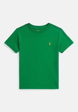 Green cotton t-shirt with a crew neckline. Short sleeves and a small gold logo on the chest. Smooth texture, casual fit.