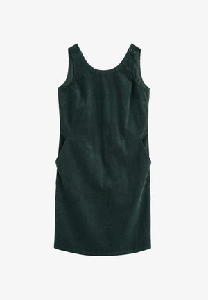 Tumši zaļš kordreja kleita ar apaļu dekoltē, bez piedurknēm, divām priekšējām kabatām un pogu akcentiem tuvu plecam.