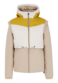 Spalvų blokais sukurta pūkinė striukė, su geltonos, baltos ir smėlio spalvų dizainu, su kapuce, užtrauktuku ir stringo apačia. Tekstūruoto audinio detalės.