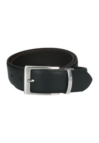 Zwarte lederen riem met een gladde textuur, zilveren metalen gesp en contrasterende stiksels langs de randen. Klassiek rechthoekig gespontwerp.