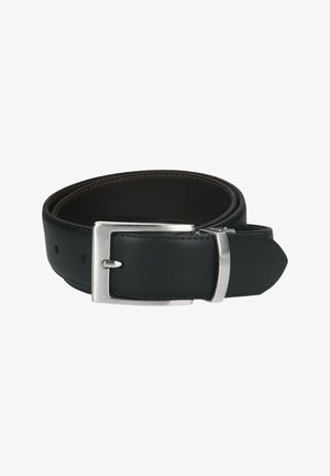 Black leather belt with a smooth texture, silver metal buckle, and contrast stitching along the edges. Classic rectangular buckle design.