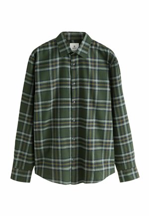 Green plaid shirt with a button-up front, featuring dark green, blue, and yellow stripes. Made of a soft, textured fabric. Long sleeves.