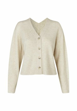 Cárdigan beige acanalado con escote en v, mangas largas y cinco botones frontales. Tejido de punto suave con un acabado texturizado.