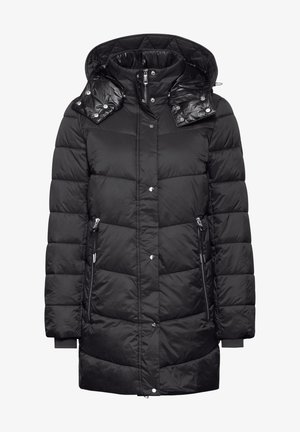 Schwarze Daunenjacke mit abnehmbarem Kapuzen, gestepptem Design, glänzenden Akzenten und mit Reißverschluss versehenen Seitentaschen. Mit silbernen Knöpfen geschlossen.