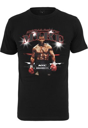 Black cotton t-shirt featuring a graphic of a boxer, with red and white text spelling "DYNAMITE MIKE" and "NYC BROOKLYN." Short sleeves.
