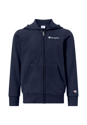 Felpa con cappuccio e zip blu navy in tessuto misto cotone, con due tasche anteriori, cappuccio e logo Champion bianco sul petto.