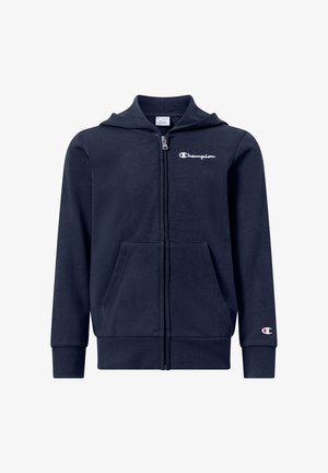 Marineblauwe hoodie met ritssluiting, gemaakt van een katoenmix, voorzien van twee steekzakken aan de voorkant, een capuchon en het Champion-logo in wit op de borst.