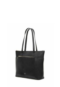 Czarna skórzana torba tote z dwoma uchwytami, teksturowane wykończenie, przednia kieszeń na zamek i złote akcenty. Strukturalny design z przestronnym wnętrzem.