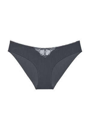 Ciemnoszare bikini z prążkowanej tkaniny z koronkowymi zdobieniami z przodu i falistym brzegiem, o gładkiej fakturze i elastycznym pasie.